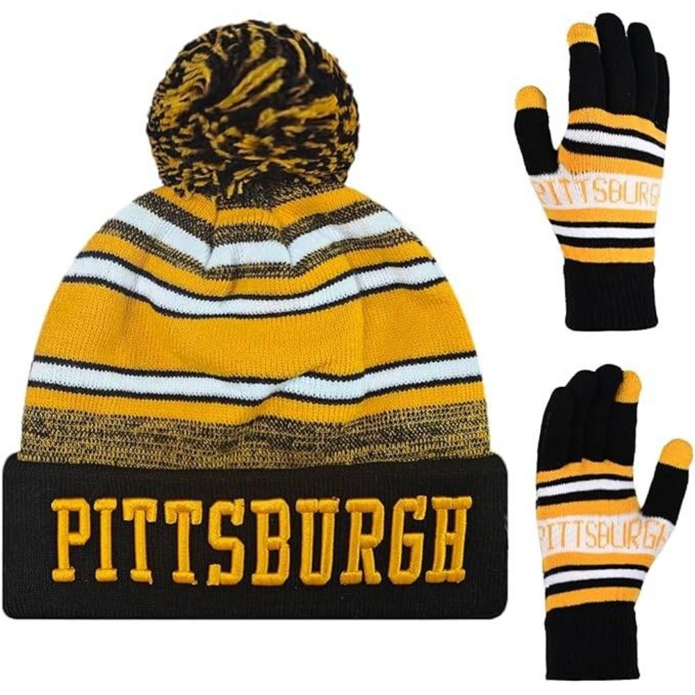 Pittsburgh 3D Football Classic Embroidery Beanie Cuffed Winter Hat Knit w/ Glove